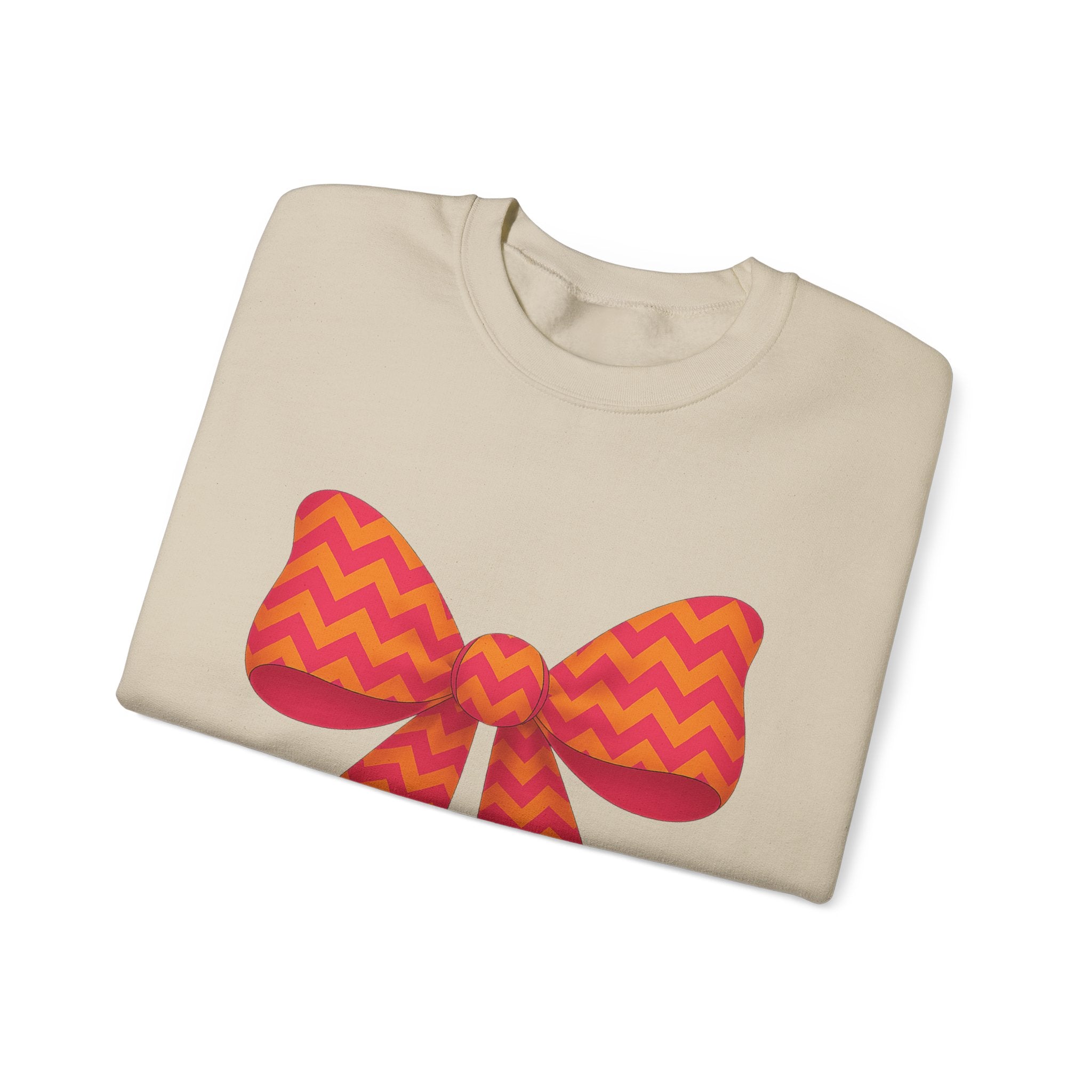 Orange and Pink Chevron Bow Sweatshirt, Cute Unisex Crewneck, Birthday Gift, Bow Sweatshirt, Bow Sweater