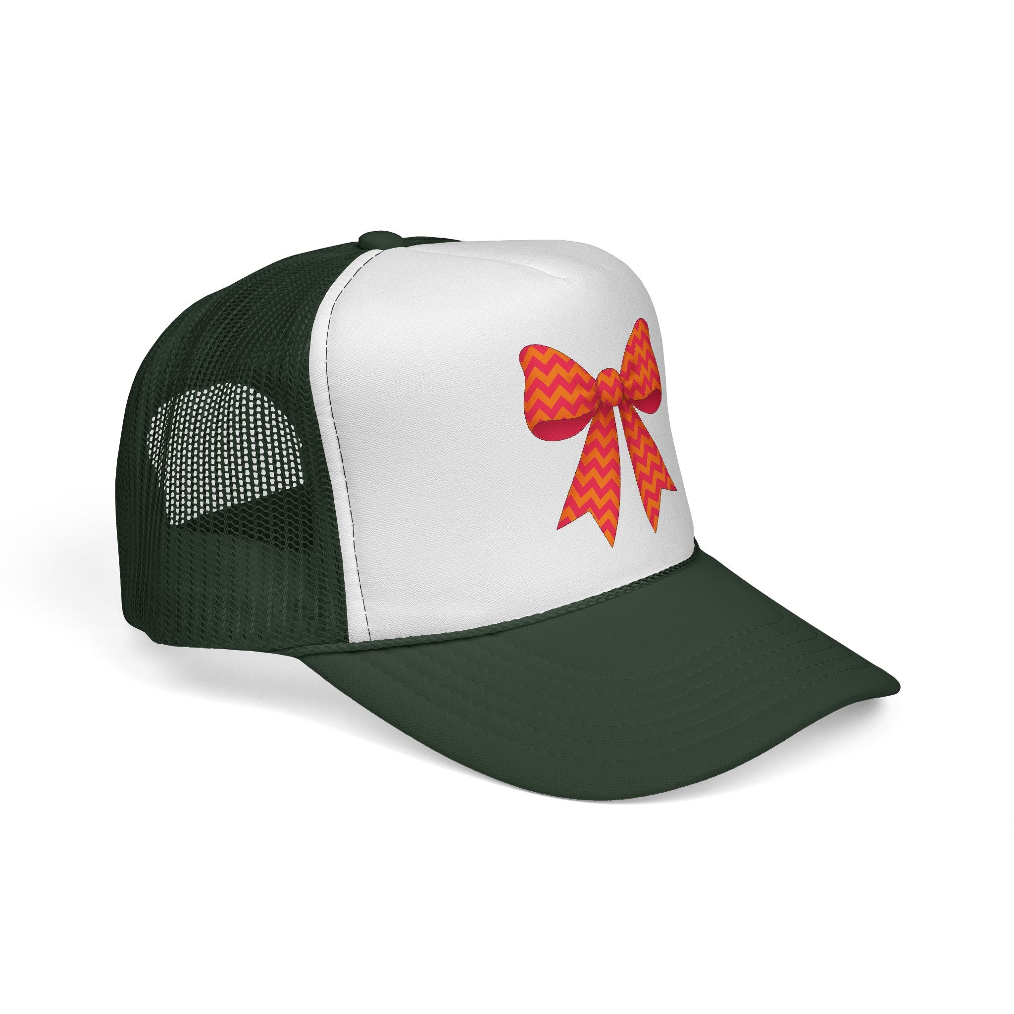 Charming Bow Trucker Cap | Cute Accessory for Everyday Wear, Gift for Birthdays, Cute Trucker Hat, Orange and Pink Chevron