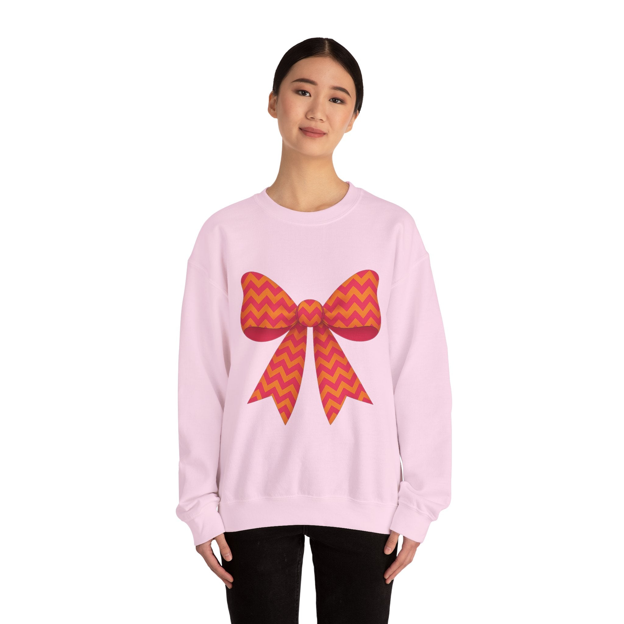 Orange and Pink Chevron Bow Sweatshirt, Cute Unisex Crewneck, Birthday Gift, Bow Sweatshirt, Bow Sweater