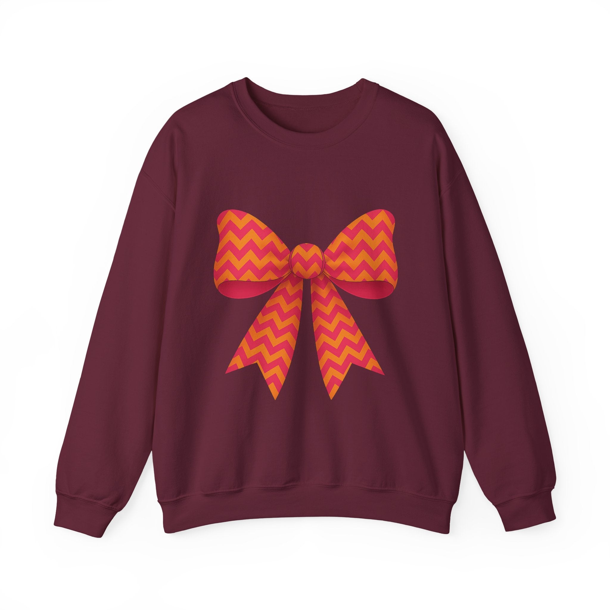 Orange and Pink Chevron Bow Sweatshirt, Cute Unisex Crewneck, Birthday Gift, Bow Sweatshirt, Bow Sweater